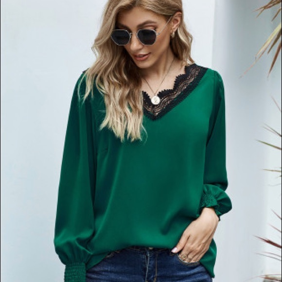 V Neck Lace Patchwork Green Satin Blouse - Picture 1 of 6